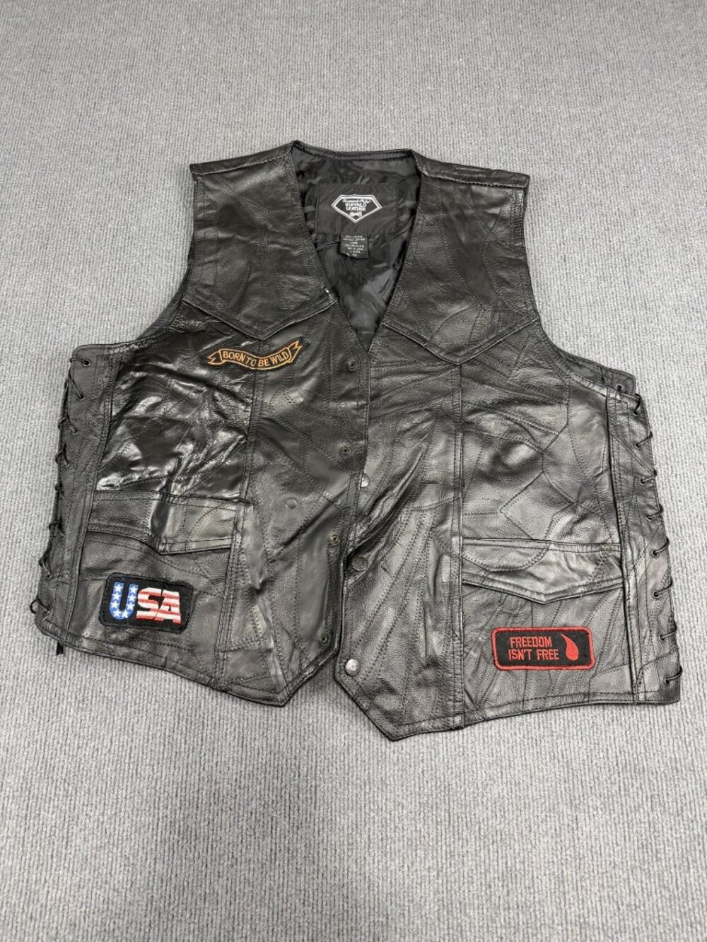 Diamond Plate Mens Black Leather Motorcycle Vest USA Patches 2X